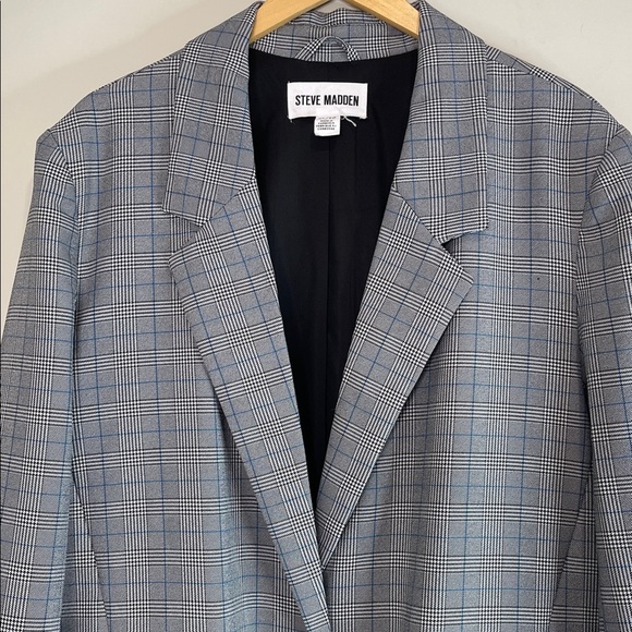 Steve Madden NWOT Plaid Blazer Padded Shoulders Black White Blue Loose Fit XL - Picture 3 of 13